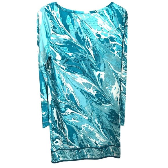 Michael Kors Turquoise Marble Swirl Print Dress Size M Long Sleeve Retro Wave‎ - Picture 3 of 5